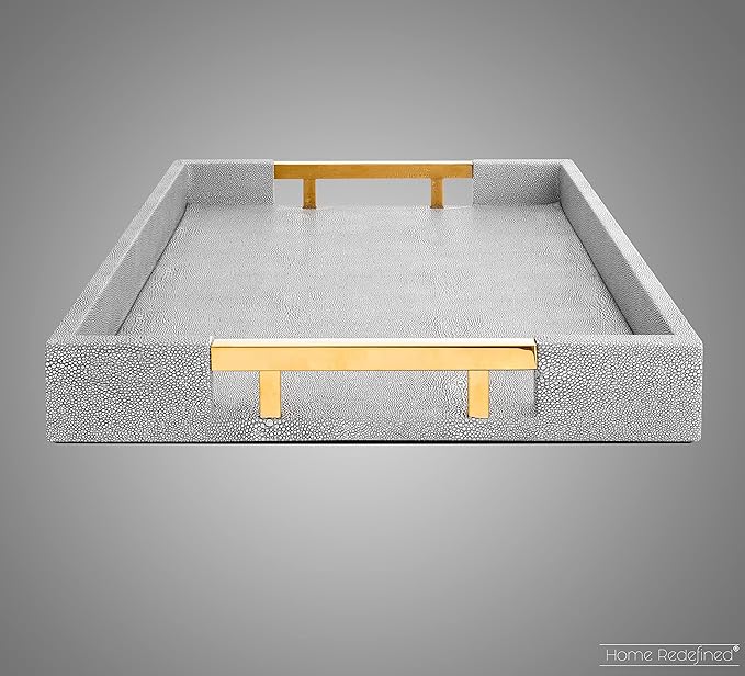 Modern Elegant 17.5"x12" Rectangle Glossy Grey Shagreen Faux Leather Decorative Tray Ottoman Coffee Table Perfume Kitchen Display Perfume Serving Tray with Gold Polished Metal Handles.