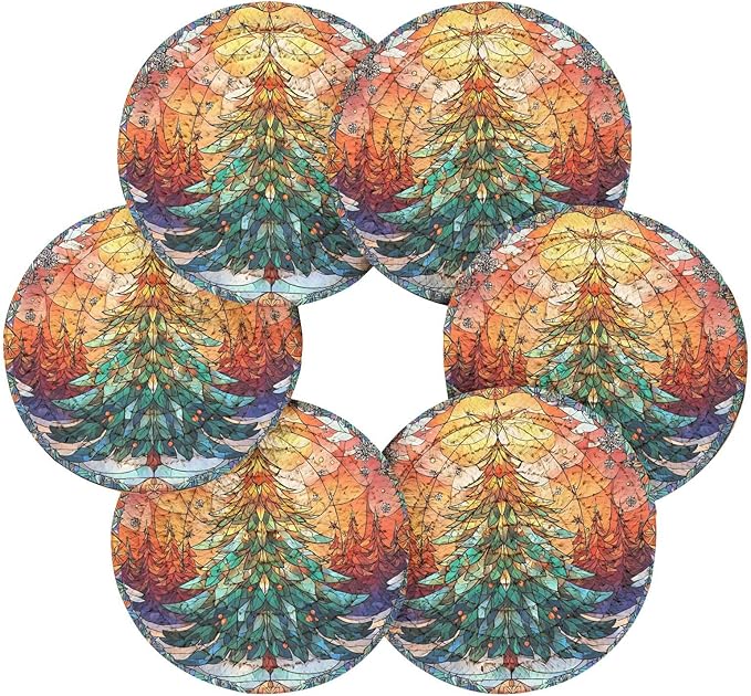Christmas Coasters with Holder Stained Glass Christmas Tree Xmas Coasters Set of 6 Cotton Woven Absorbent Cup Coaster Xmas Holiday Party Table Decor 4 Inches