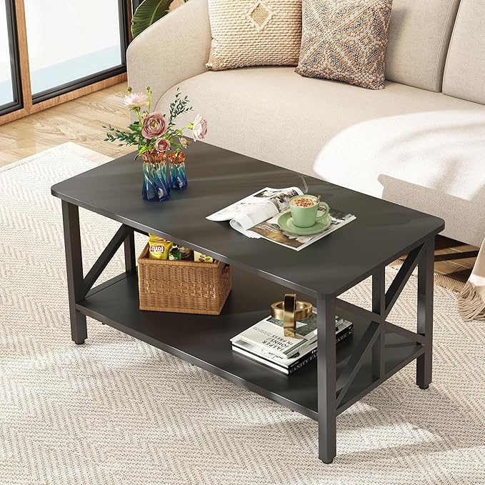 WLIVE Coffee Table for Living Room, 39" Modern 2-Tier Center Table with Round Corners, Storage Shelf, Farmhouse Style Small Coffee Table with Metal Frame, Black