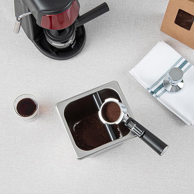 Restaurantware Restpresso 7 x 6.4 x 6 Inch Knock Box 1 Deep Tamp Box - Built-In Knock Bar Dishwashable Stainless Steel Barista Knock Box Durable For Coffee And Espresso Grounds