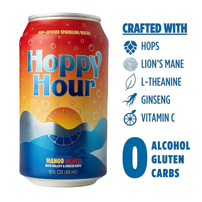 Hoppy Hour Sparkling Hop Water, Non-Alcoholic and Adaptogens Drink, Zero Sugar and Calories, Refreshing Mango Peach Flavor, 12 oz Cans (12-Pack)