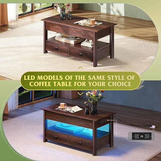 WLIVE Coffee Table, Lift Top Coffee Table with 2 Drawers, Large Storage and Open Shelf, Lift Tabletop for Living Room, Dining Table, Espresso