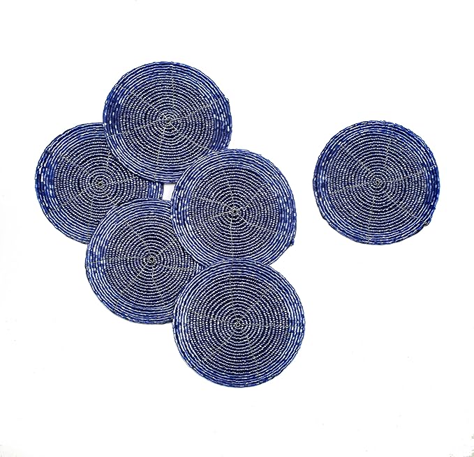 Handmade Beaded Wire Coaster Set of 6-4 Inch Round Coasters, Elegant Beautiful Stylish Decorative Drink Coaster Perfect for Home, Office, Christmas, & Everyday Use - Royal Blue