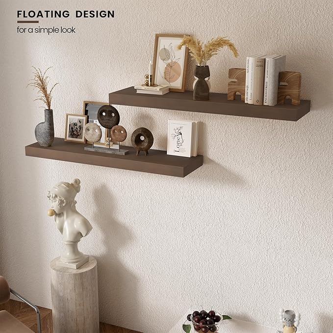 Vivelove Solid Wood Rustic Floating Shelves 8 inch Deep, 36” x 8”x 1.4” Floating Wall Shelves for Living Room Kitchen Bedroom Bathroom Office, Farmhouse Home Decor, 2 Packs, Dark Walnut, Pine Wood