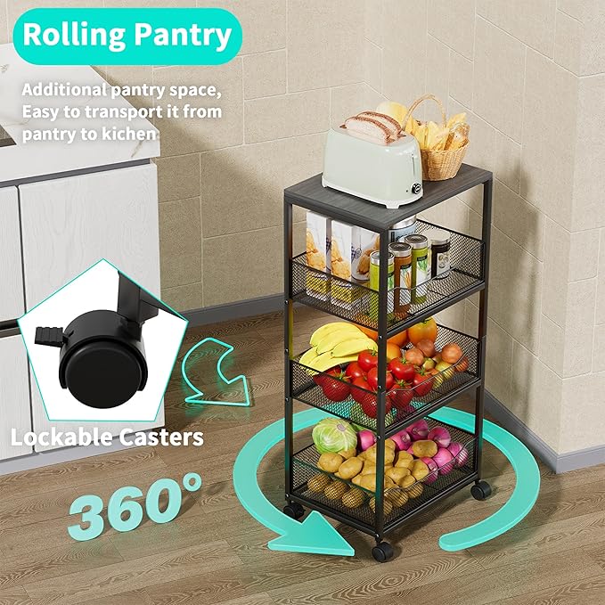 HapiRm Fruit Basket Kitchen Cart - 4-Tier Rolling Storage Cart with Wheels, Fruit Vegetable Basket with Wood Top, Pantry Utility Kitchen Organizer for Fruit Potato Onion Vegetable Bread Snack