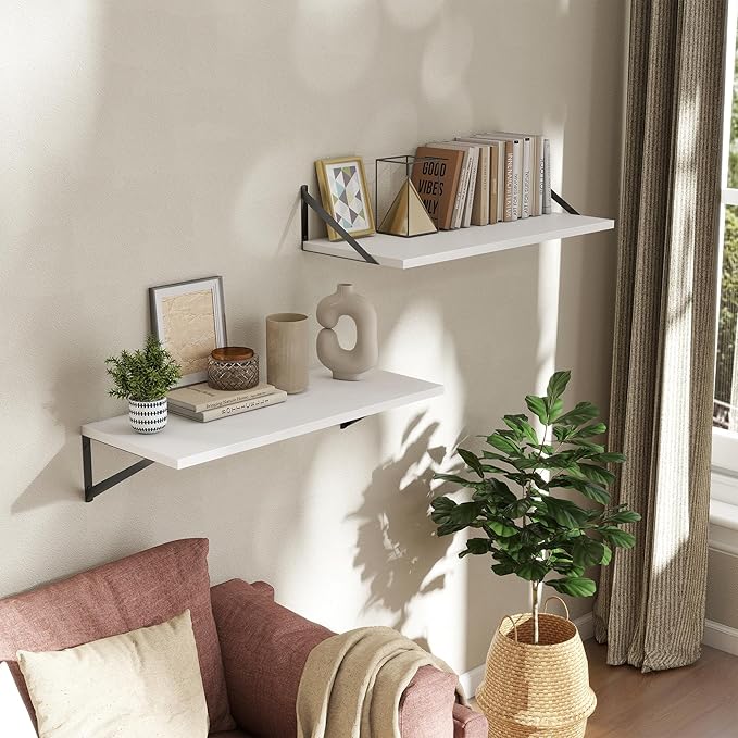 Deep Floating Shelves Wall Mounted, 30"x12" White Wall Shelves with Brackets Set of 2 for Bedroom, Living Room, Bathroom, Kitchen, Office - Storage & Display Shelf for Decor, Books, Plants