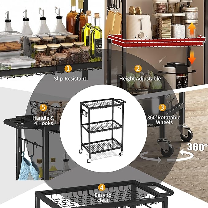 3-Tier Rolling Cart, Space-Saving Kitchen Cart with 150Lbs Capacity, Black Storage Cart with 2 Lockable Wheels for Kitchen Island, Restaurant, Garage, Backyard