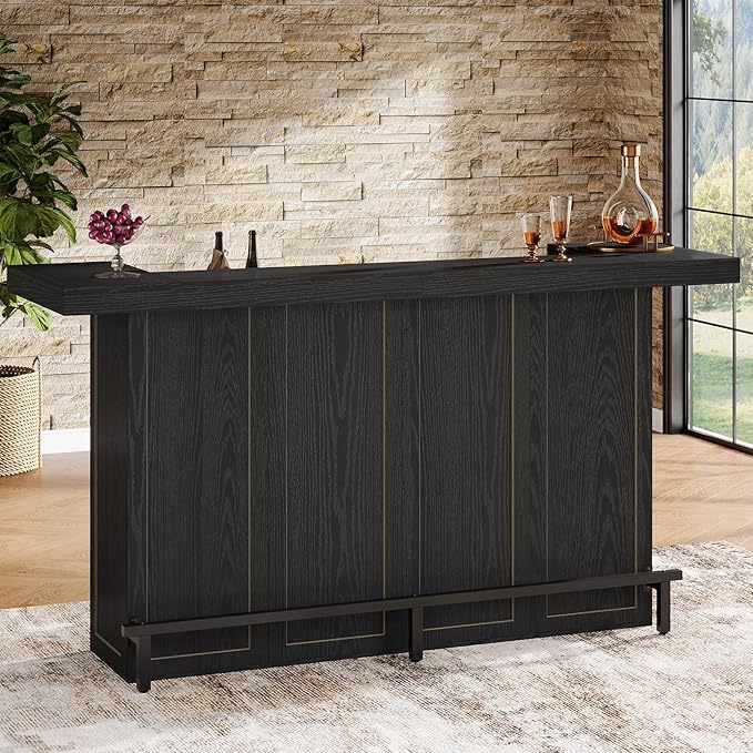 Tribesigns 4-Tier Bar Table, 70.9-Inch Large Wooden Home Bar Unit with Wine Glass Holder and Black Footrest, Pub Table with Storage Shelves for Dining Room, Living Room, Black