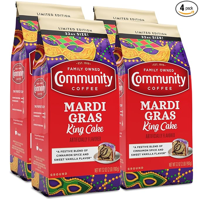 Community Coffee Mardi Gras King Cake Flavored Medium Roast Ground Coffee, 32 Ounce Bag (Pack Of 4)