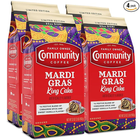 Community Coffee Mardi Gras King Cake Flavored Medium Roast Ground Coffee, 32 Ounce Bag (Pack Of 4)