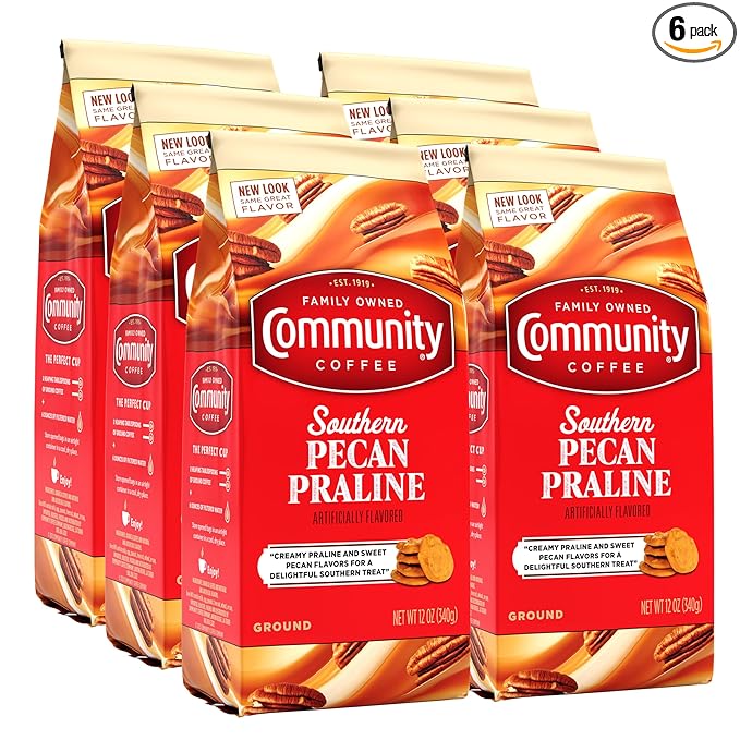 Community Coffee Southern Pecan Praline Flavored 72 Ounces, Medium Roast Ground Coffee, 12 Ounce Bag (Pack of 6)
