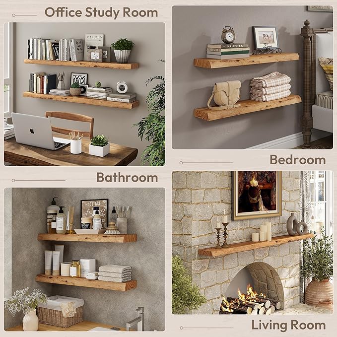 Marsmiles 55 inch Floating Shelves for Wall Elm Wood Live Edge Shelves Wall Mounted|Rustic Long Floating Shelves with Invisible Bracket for Bathroom Living Room Kitchen|Natural, 1 Pack