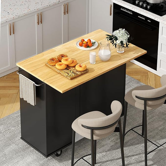 Shintenchi Kitchen Island with Folding Drop Leaf, Rolling Island Table with Storage, Kitchen Cabinet on Wheels with Seating Area for Kitchen, Bar Cart with Cabinet, Black