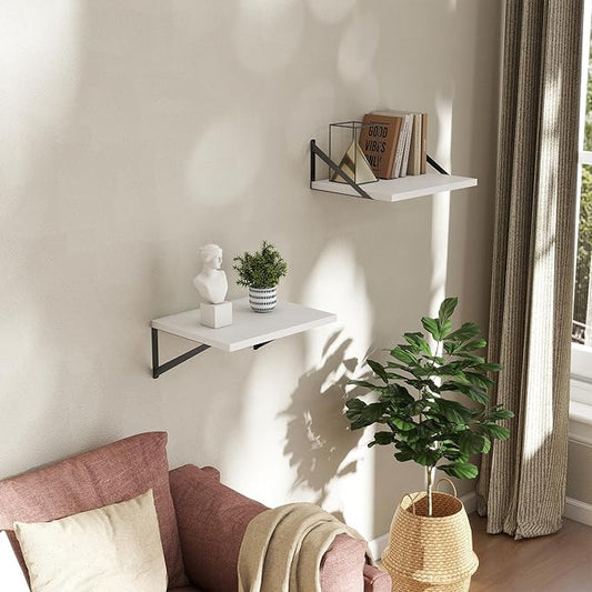 Deep Floating Shelves Wall Mounted, 16"x12" White Wall Shelves with Brackets Set of 2 for Bedroom, Living Room, Bathroom, Kitchen, Office - Storage & Display Shelf for Decor, Books, Plants