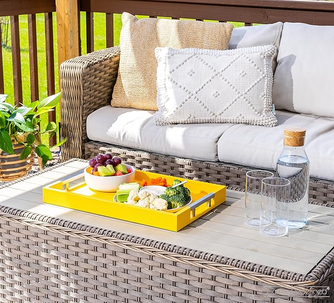 Modern Elegant 17.5"x12" Rectangle Yellow Shagreen Faux Leather Decorative Tray Ottoman Coffee Table Perfume Dresser Kitchen Serving Tray with Silver Metal Handles by Home Redefined for All Occasion's