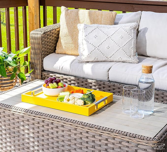 Modern Elegant 17.5"x12" Rectangle Yellow Shagreen Faux Leather Decorative Tray Ottoman Coffee Table Perfume Dresser Kitchen Serving Tray with Silver Metal Handles by Home Redefined for All Occasion's