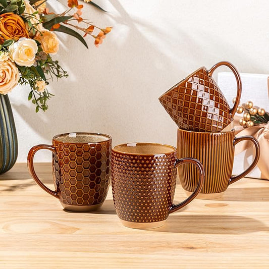 GBhome Large Coffee Mugs Set of 4, 16oz Handmade Embossed Coffee Mugs Set with Large Handle for Cappuccino/Latte/Tea/Hot Cocoa, Dishwasher & Microwave Safe, Caramel