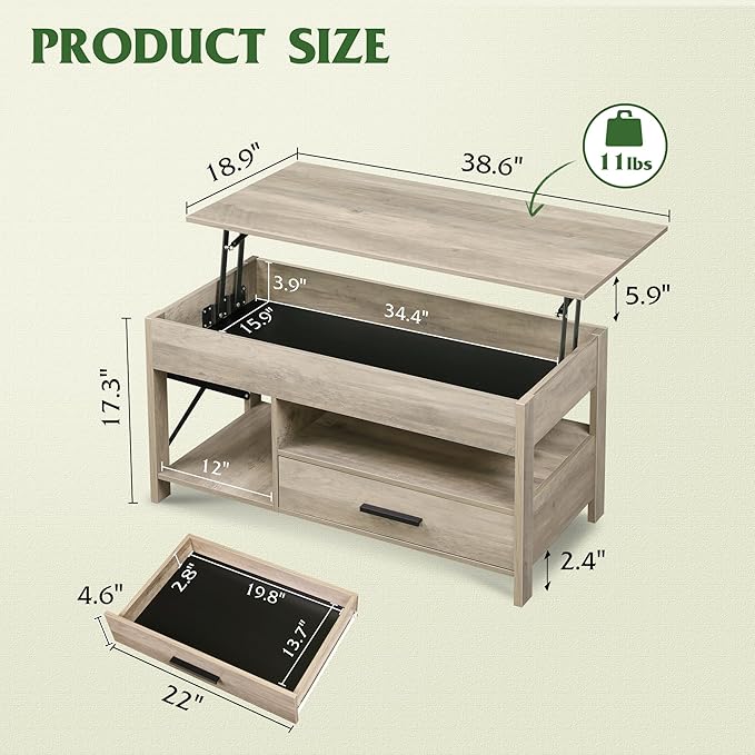 WLIVE Lift Top Coffee Table, 39" Coffee Table with Storage Drawers, Hidden Compartment, Wooden Lift Tabletop Center Table for Living Room, Home, Grey