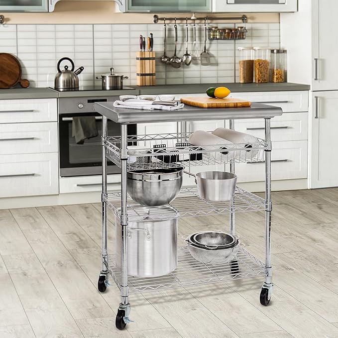 Seville Classics Commercial Work Table Island Utility Cart Prep Station, for Restaurant, Kitchen, Warehouse, Garage, Hotel, Home, Stainless-Steel Top NSF , 30" W x 20" D