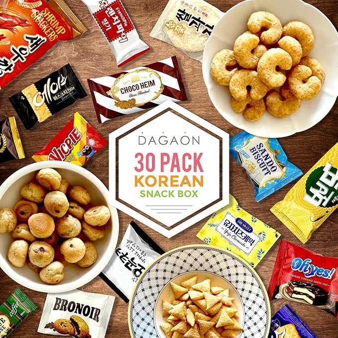 Dagaon Korean Snack Box 30 Count - Sweet and Savory Snacks. Variety of Korean Treats Including Chips, Biscuits, Cookies, Pies, Candies.. Assortment of Korean Snacks for Anyone.