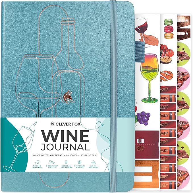 Clever Fox Wine Journal for Wine Tasting – Guided Diary & Log Book with Tasting Instructions, Aroma Wheel, Food Pairing & Glass Guide – 132 Entries, Hardcover, A5 Size (Aquamarine)
