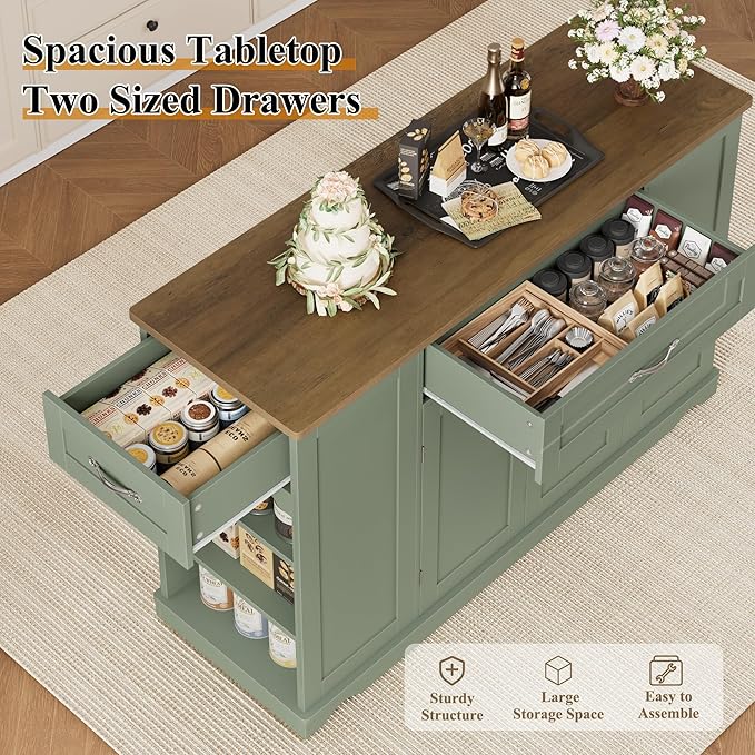 HOSTACK Kitchen Island Cart with Storage, 47'' Kitchen Storage Island on Wheels with 2 Drawers, Rolling Island Table with Adjustable Shelves, Mobile Buffet Sideboard Cabinet for Dining Room, Green