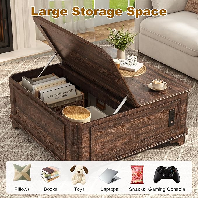 40 Inch Farmhouse Lift Top Coffee Table with Charging Station & Hidden Storage - Square Center Table with Adjustable Lifting Top, Large Storage Cabinet for Living Room, Bedroom, Home Office, Brown