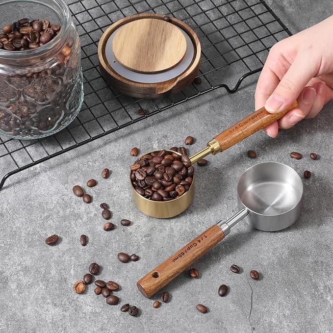 2 Pcs Measuring Cup with Wooden Handle Food Scoop Measuring Cups 1/4 Cup Stainless Steel Measurings Cups 60 ML Coffee Measurings Scoops (Gold Silver)