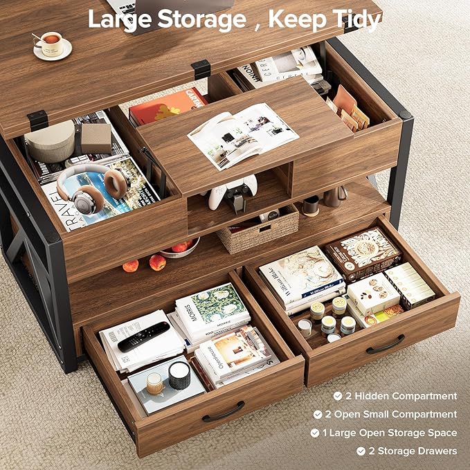 40" Lift Top Coffee Table,4 in 1 Multi-Function Lift Coffee Tables with Storage Drawers and Hidden Compartmen,Farmhouse Coffee Table with Lifting top for Living Room, Walnut