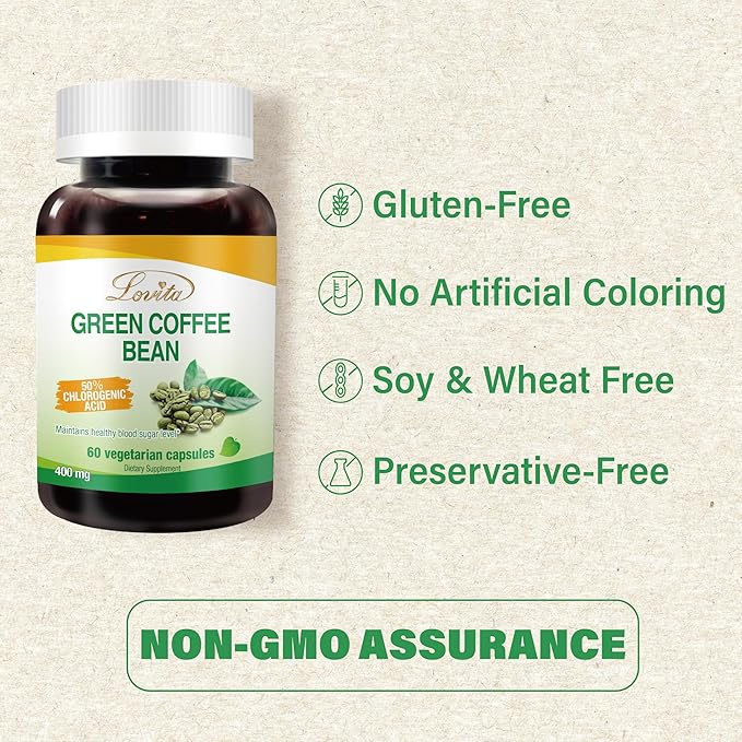 Lovita Green Coffee Bean Extract, 50% Chlorogenic Acid for Metabolism, Energy & Weight Management, 800 mg per Day, Vegan, Non-GMO, Gluten-Free, Natural Antioxidant Supplement, 180 Capsules