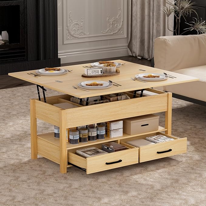 42'' Lift Top Coffee Table, 4-in-1 Multifunctional Lift Coffee Table with Storage & Hidden Compartments, Farmhouse Coffe Table with Lifting top for Living Room, Dining Reception Room, Wood