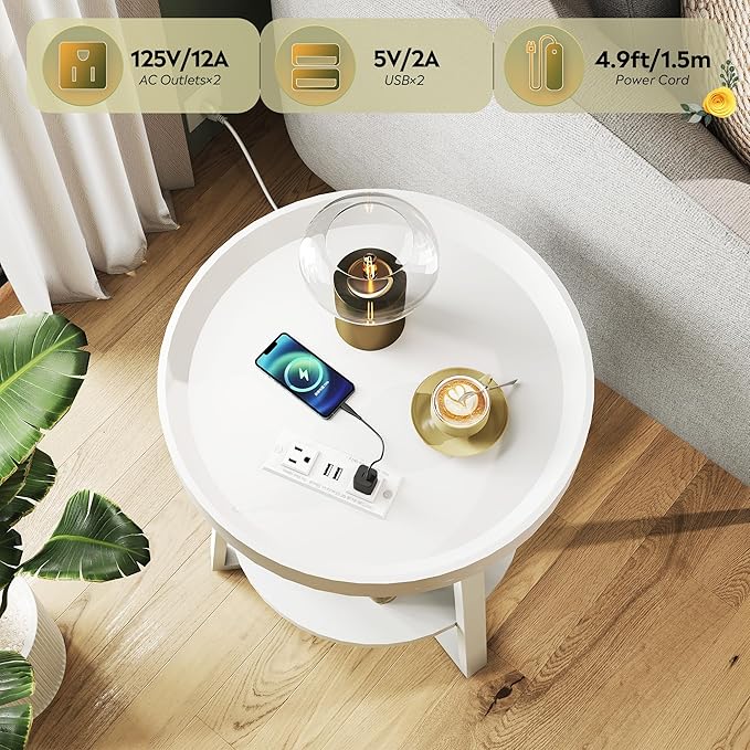 WLIVE Round End Table with Charging Station, Small Round Coffee Table, 2 Tier Side Table for Living Room/Bedroom, Sofa Couch, Wood Tabletop & Metal Frame, White