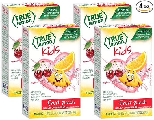 True Lemon, Fruit Punch Packets Low Sugar No Preservatives Kids Hydration Drink Mix, 1.38 Ounce (Pack of 4)