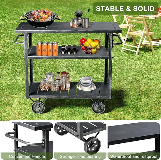 LOKKHAN Rolling Bar Cart with Handle [3 Tier] Home Kitchen Microwave Cart Island On Wheels, Mobile Serving Cart Beverage Cart, Coffee Station (Metal/Wood, Industrial Black)