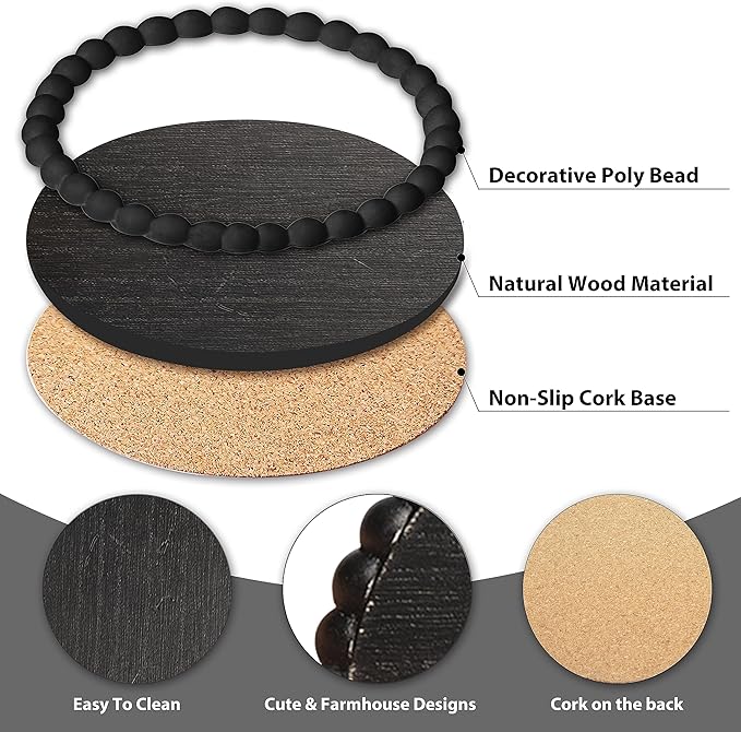 GENMOUS Coasters Set of 6 for Drinks with Metal Holder, Farmhouse Wooden Bead Coasters, Absorbent Square Handmade Rustic Cute Cup Coffee Coaster for Home Kitchen Table Décor Gift Black