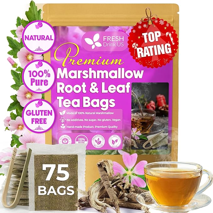 FreshDrinkUS, Premium 75 Marshmallow Root and Leaf Tea Bags, 100% Natural & Pure. Loose Leaf Marshmallow Herbal Tea. Made with Eco-Conscious Tea Bags. No Sugar, No Caffeine, No Gluten, Vegan.