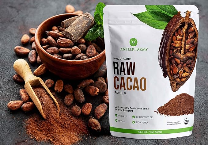 Antler Farms - 100% Pure Organic Raw Cacao Powder, 40 servings, 200g - Vegan, Gluten Free, Cultivated Naturally in Amazon Rainforest, Certified USDA Organic