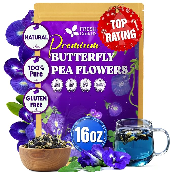 FreshDrinkUS, Premium 16oz Blue Butterfly Pea Flowers Dried – Premium Whole Flower Herbal Tea – Vibrant Blue Natural Color – Caffeine-Free Loose Flower Tea. Vegan
