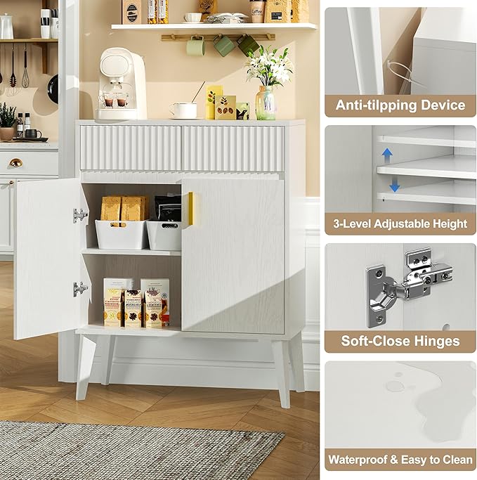 Sideboard Storage Cabinet with 2 Drawers & 2 Doors, Fluted Kitchen Buffet Cabinet with Adjustable Shelves, Coffee Bar Station for Living Room, Entryway, 13.8 x 27.6 x 35.6 Inches, White