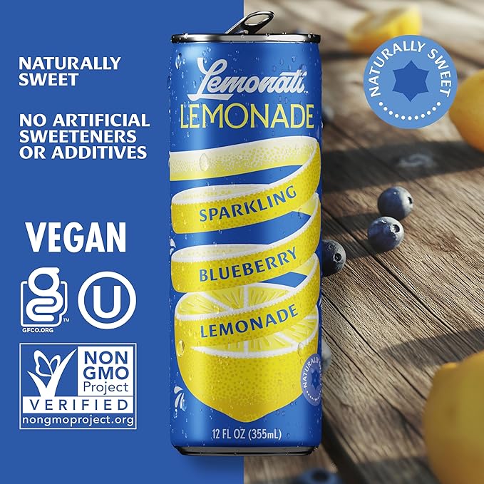 Lemonati Sparkling Lemonade, No Artificial Sweeteners or Flavoring, Gluten-Free, Kosher, Non-GMO, Vegan, 12 Fl Oz Slim Cans, Pack of 12, Blueberry Lemonade