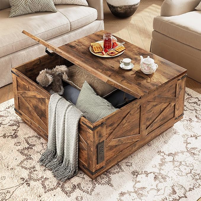 Farmhouse Lift Top Coffee Table, Square Wood Center Table with LED Lighting, USB-C Charging Station, and Hidden Storage Compartment - Rustic Brown Living Room Furniture