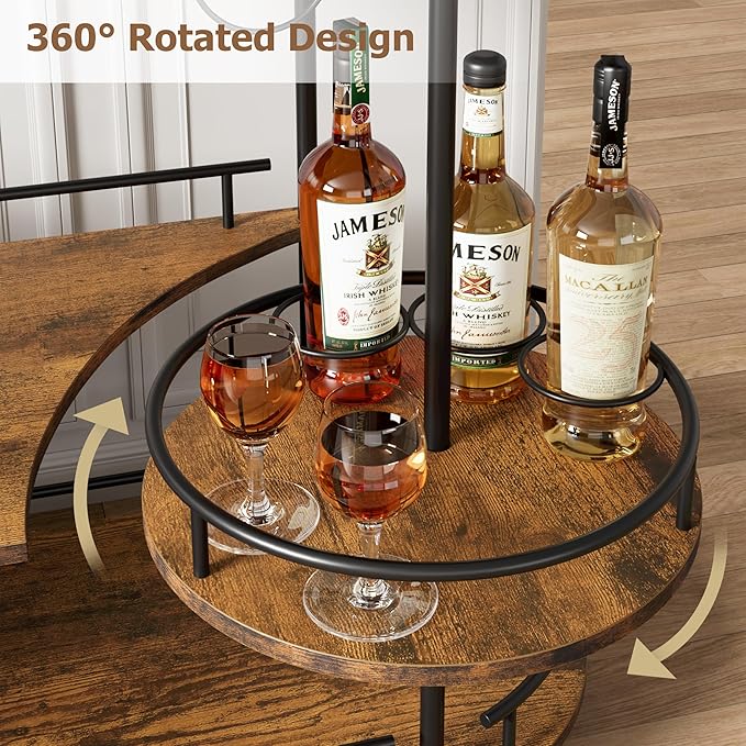 GarveeHome Black Bar Carts with 4-Tiers Storage Shelves，Mobile Bar Seving Carts On Wheels with Wine Rack and Glass Holder for Kitchen, Dining Room, Living Room-Black+Retro Brown