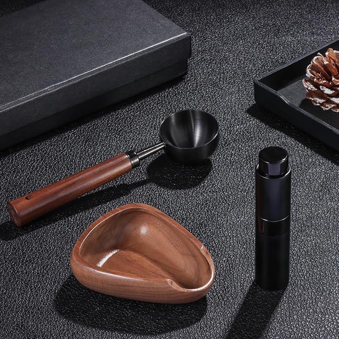 3pcs Coffee Bean Dosing Cup Set with Gift Box, Dosing Walnut Wood Cups Stainless Steel Spoon Portable Spray Bottle Static Reduction Precise Measuring for Espresso Tea Coffee Bar Accessories Kit