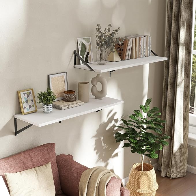 Deep Floating Shelves Wall Mounted, 36"x12" White Wall Shelves with Brackets Set of 2 for Bedroom, Living Room, Bathroom, Kitchen, Office - Storage & Display Shelf for Decor, Books, Plants
