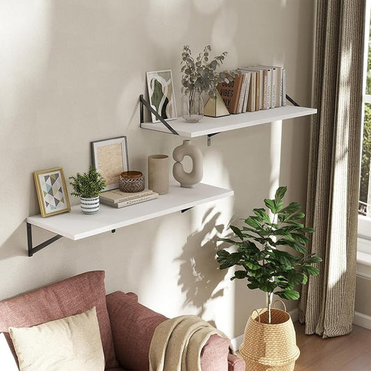 Deep Floating Shelves Wall Mounted, 36"x12" White Wall Shelves with Brackets Set of 2 for Bedroom, Living Room, Bathroom, Kitchen, Office - Storage & Display Shelf for Decor, Books, Plants