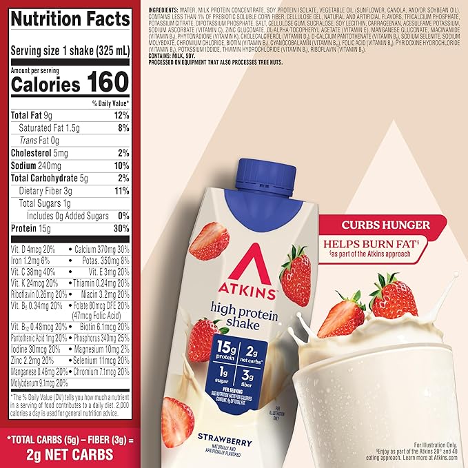 Atkins Strawberry Flavored Protein Shake,High Protein,Low Glycemic,Low Sugar and-Low Carb,Keto Friendly,Gluten Free,(Pack of 24)