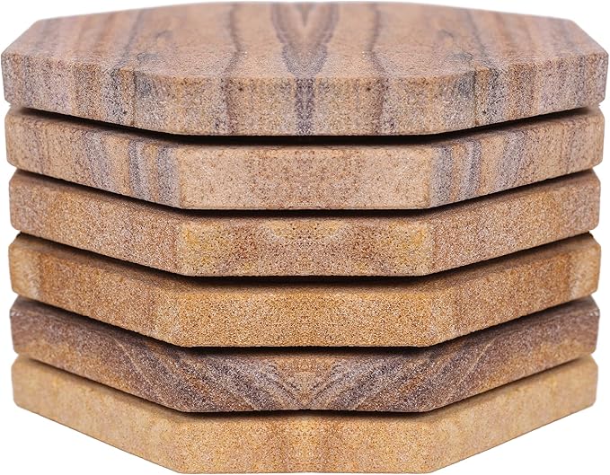 Sandstone Water Absorbent Hand Crafted Octagon Coasters with Holder for Drinks 4 Inches Wide Thirsty Stone Bar/Drink Coasters Made from Real Solid Stone (with Holder, Set of 6)