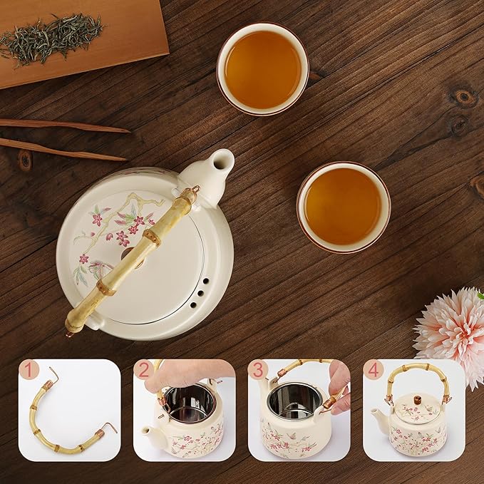 fanquare Japanese Ceramic Tea Set, 17oz Bamboo Handle Teapot with Stainless Steel Infuser and 4 Cups, Floral Pattern Tea Service for Loose Leaf Tea, Gift for Tea Lovers