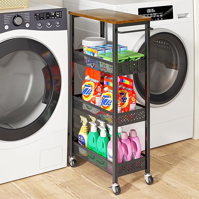 Slim Storage Cart 4 Tier Fruit and Vegetable Baskets for Kitchen Small Space, Narrow Laundry Cart on Wheels with Wooden Top and Metal Handle for Pantry, Bathroom, Laundry Room