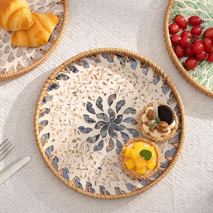 StorageWorks Decorative Coffee Table Trays for Home Decor, Round Rattan Tray with Mother of Pearl Inlay, Small Wicker Woven Serving Tray Decor for Kitchen Counter, Living Room and Ottoman, Blue